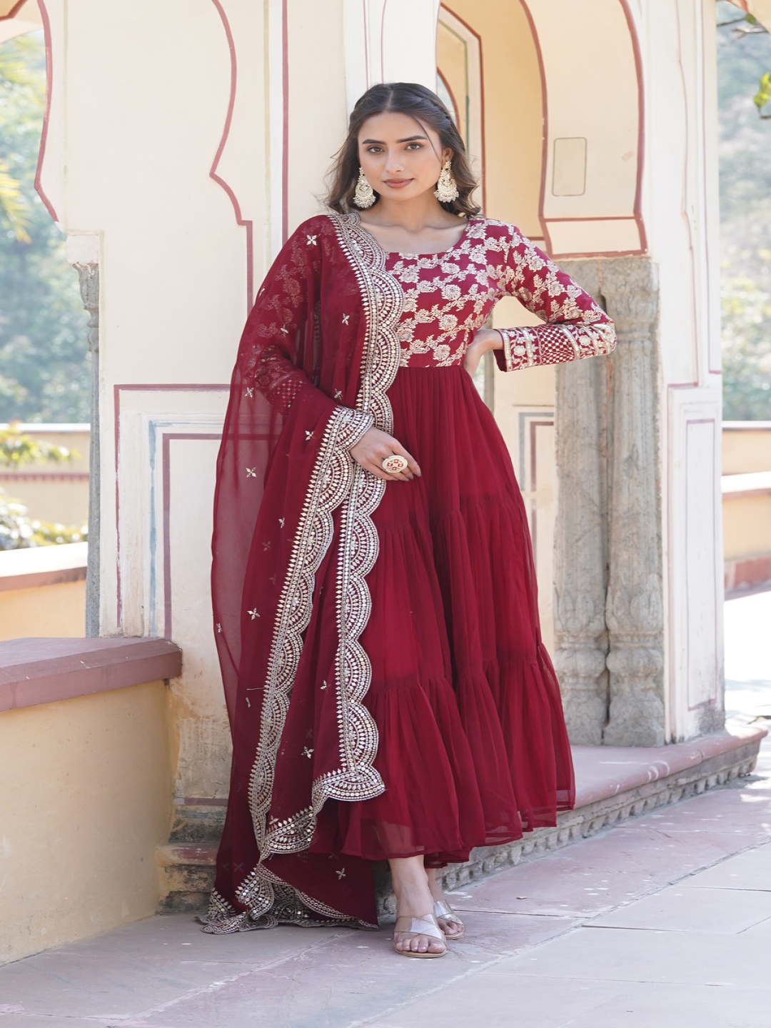 

KALINI Floral Woven Design Sequinned Tiered Anarkali Kurta With Duppatta, Maroon