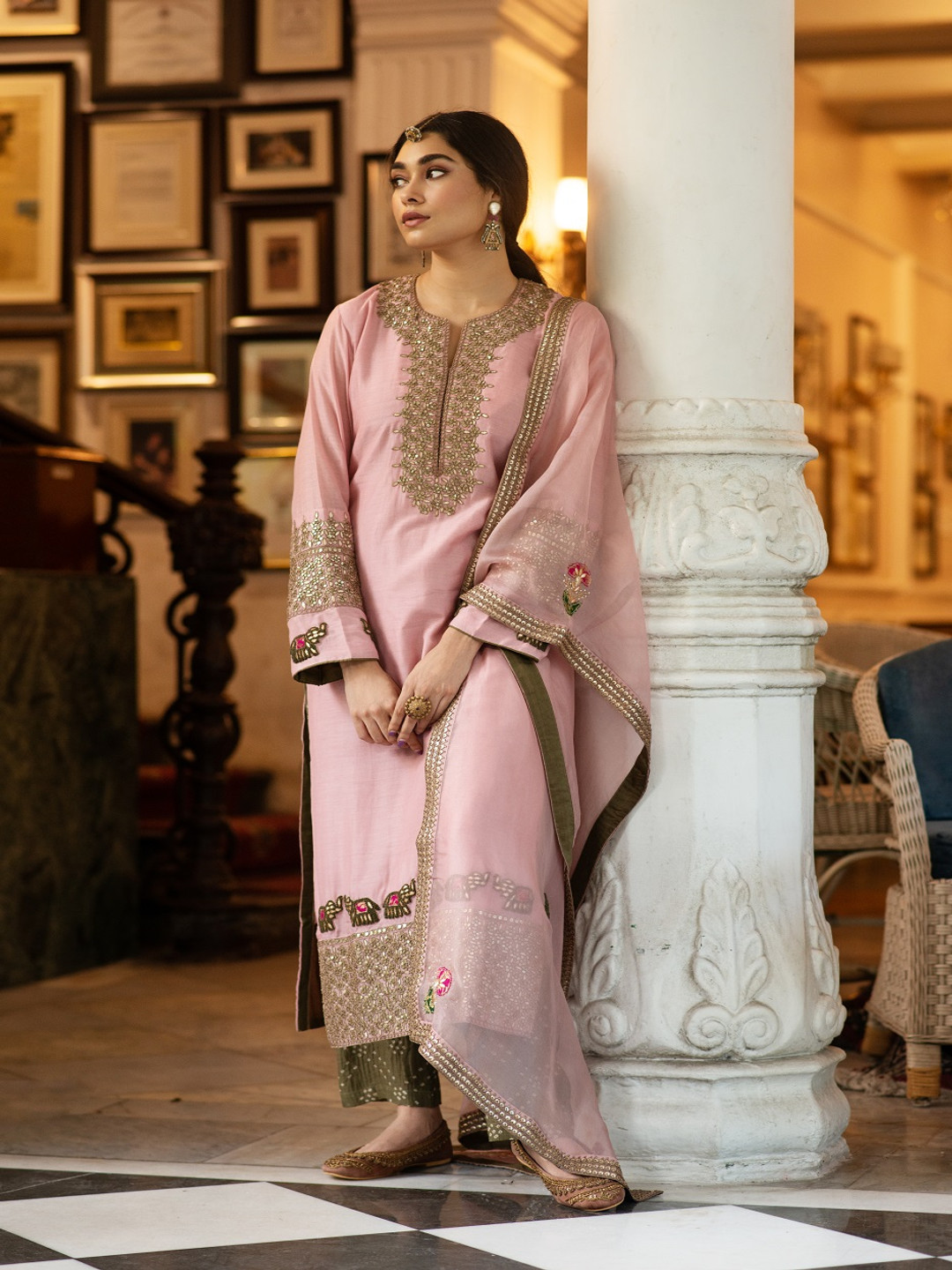 

SUSHRAM Women Embroidered Regular Kurta with Churidar & With Dupatta, Pink
