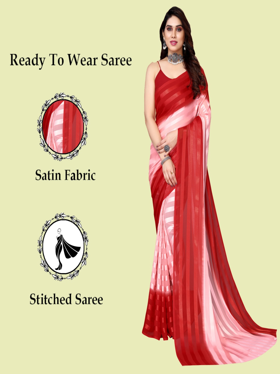 

ANAND SAREES Striped Satin Ready to Wear Saree, Red