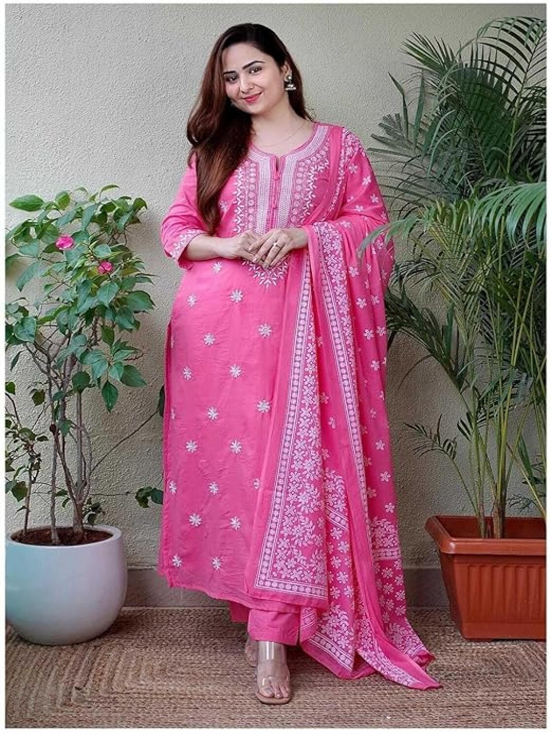 

KALINI Floral Embroidered Kurta With Palazzos & Dupatta, Pink