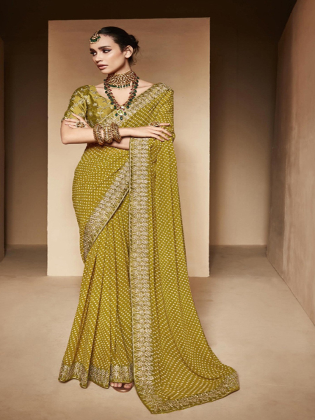 

CHUDIYA Bandhani Printed Embroidered Pure Georgette Saree, Mustard