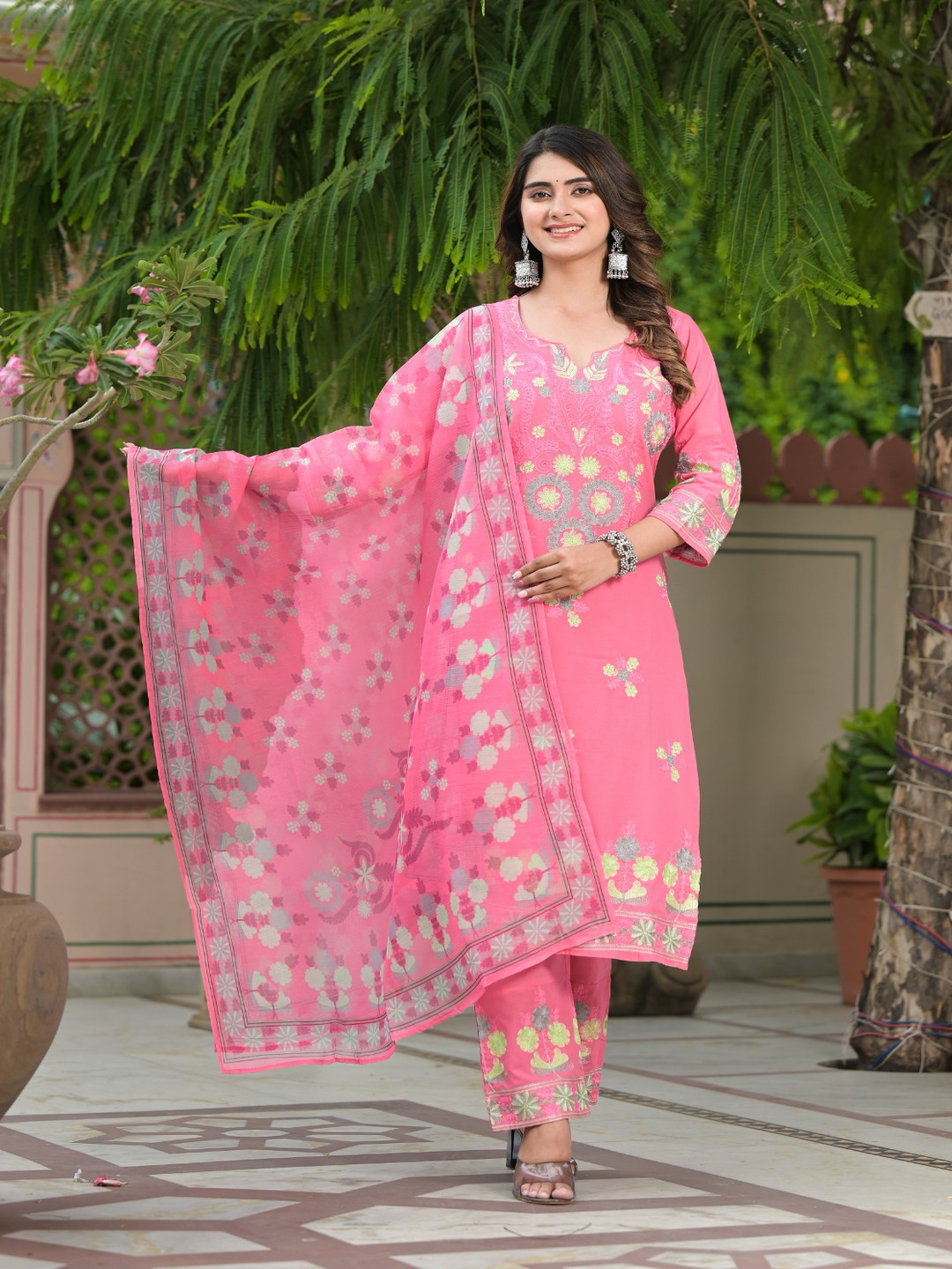 

FLAVIA CREATION Floral Pure Cotton Kurta With Trousers & Dupatta, Pink