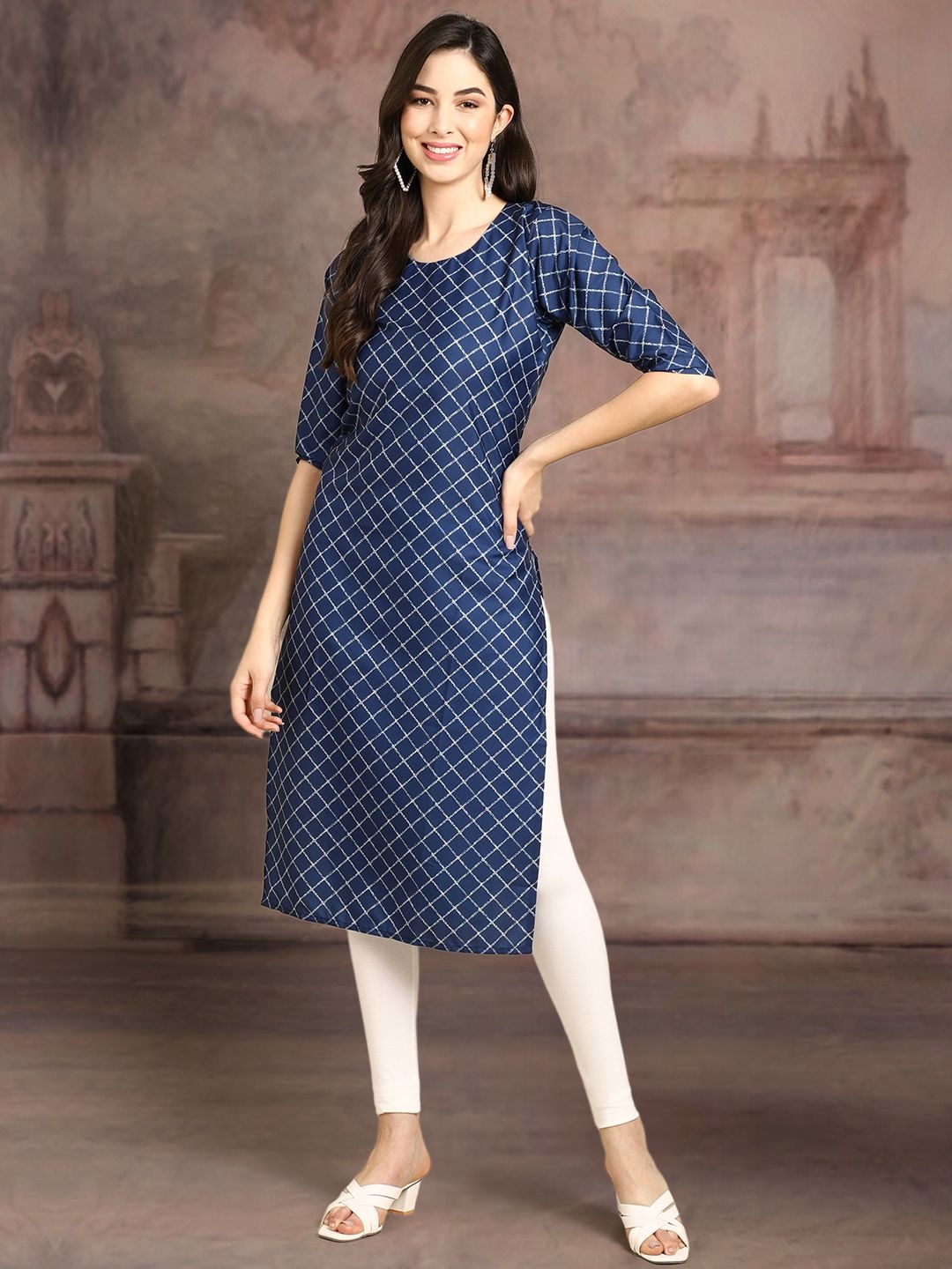 

7Threads Geometric Printed Round Neck Straight Crepe Kurta, Navy blue