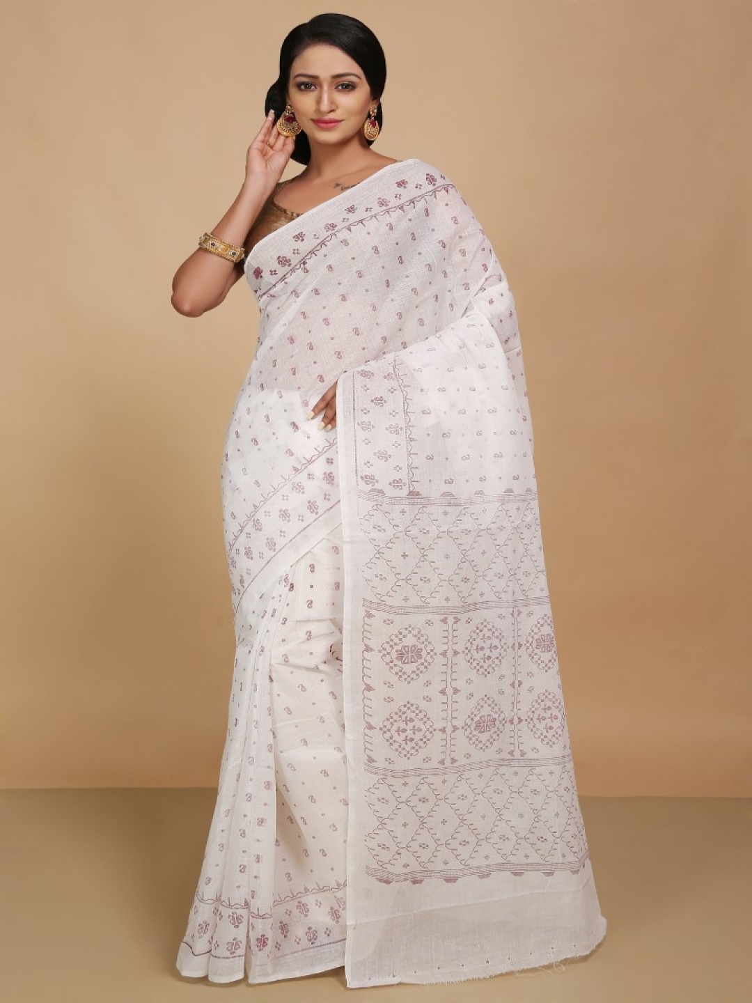 

BENGAL HANDLOOM Ethnic Motifs Pure Cotton Taant Saree, White