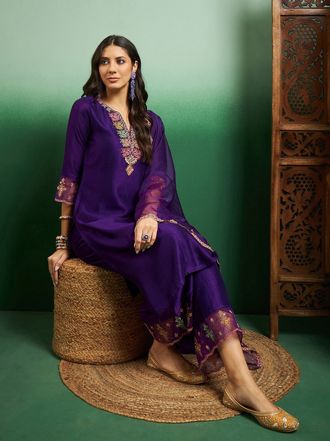 

KALINI Floral Embroidered Notch Neck Chandari Silk Straight Kurta with Palazzo & Dupatta, Violet