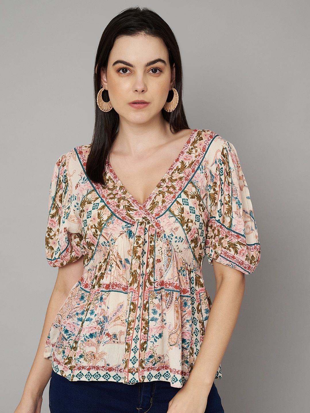 

VELDRESS Print Puff Sleeve Top, Brown