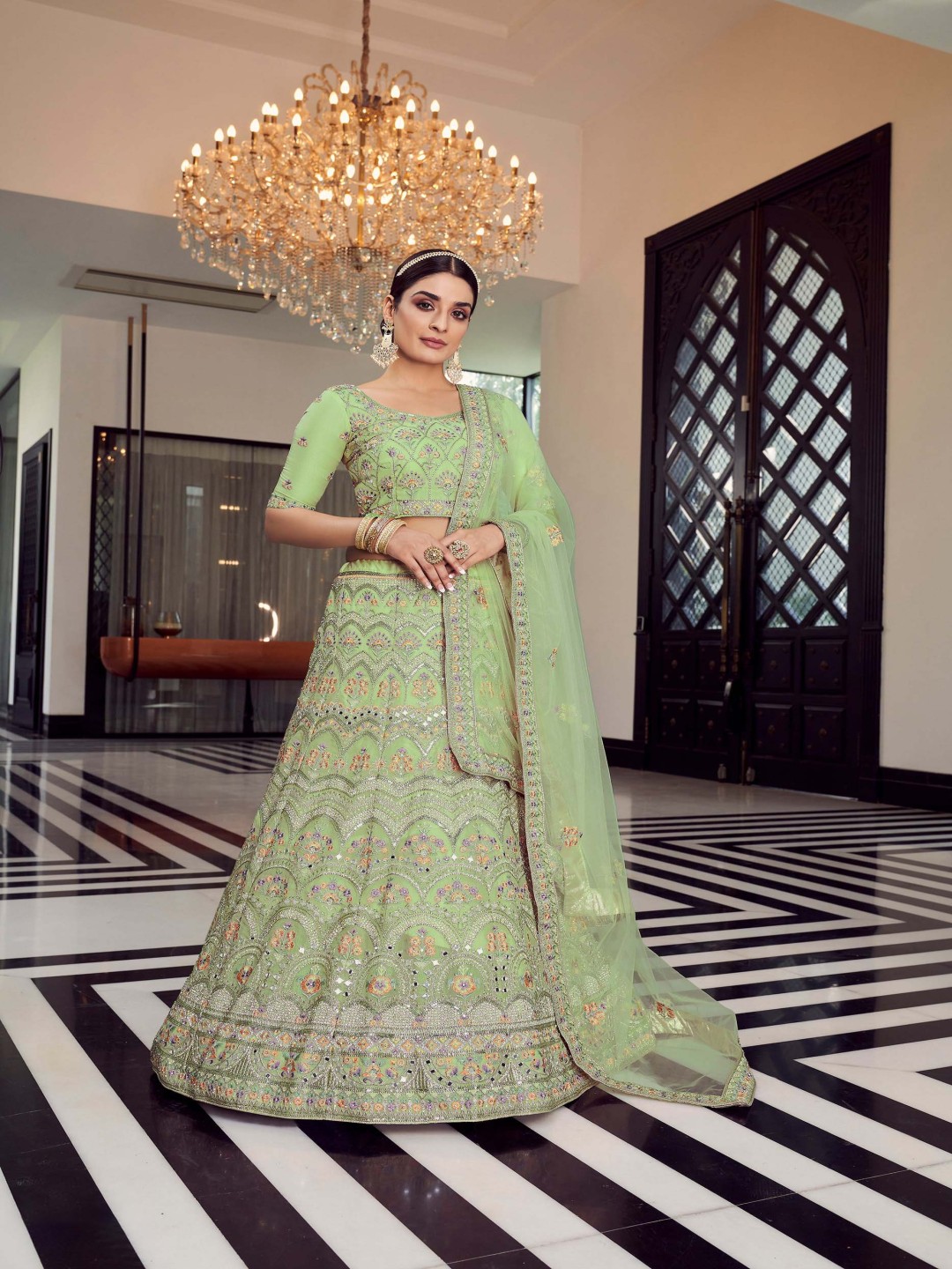 

Fusionic Embroidered Semi-Stitched Lehenga & Unstitched Blouse With Dupatta, Green