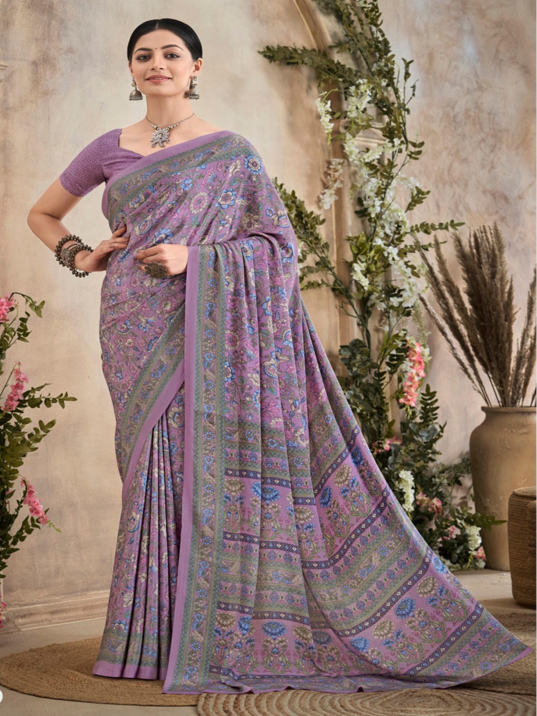 

Reboot Fashions Floral Pure Crepe Saree, Lavender