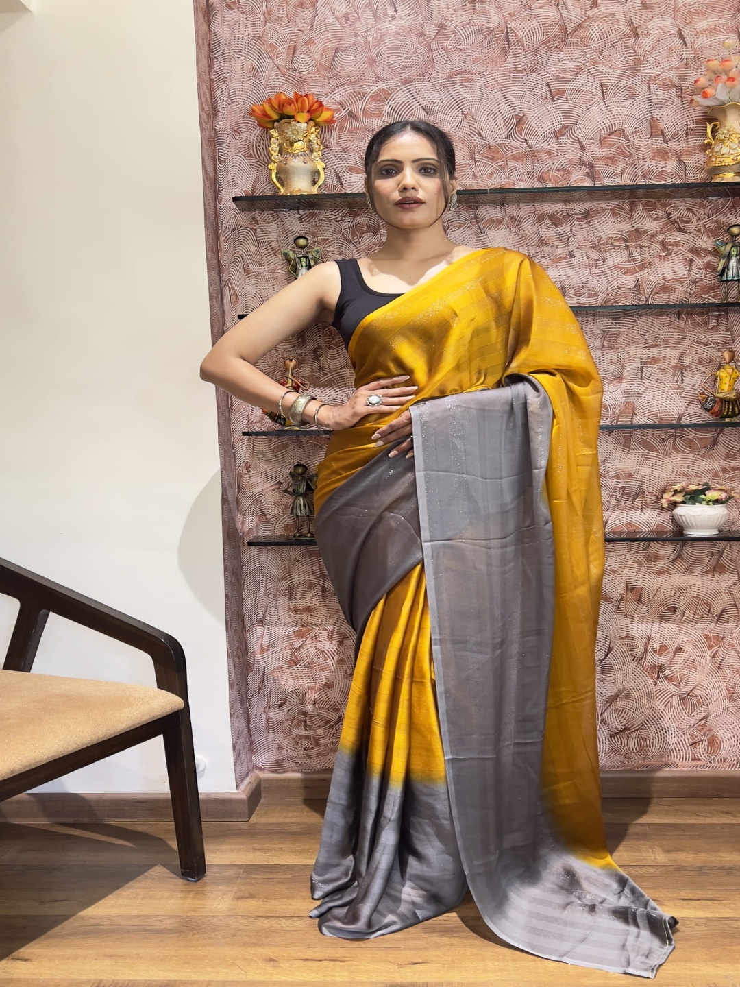 

V3 FASHION STUDIO Ombre Pure Chiffon Ready to Wear Jamdani Saree, Yellow