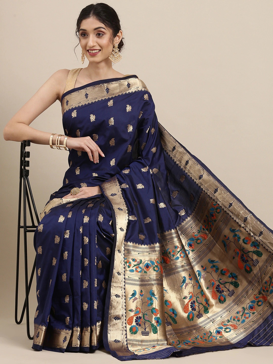 

LeeliPeeri Designer Woven Design Zari Silk Blend Paithani Saree, Navy blue