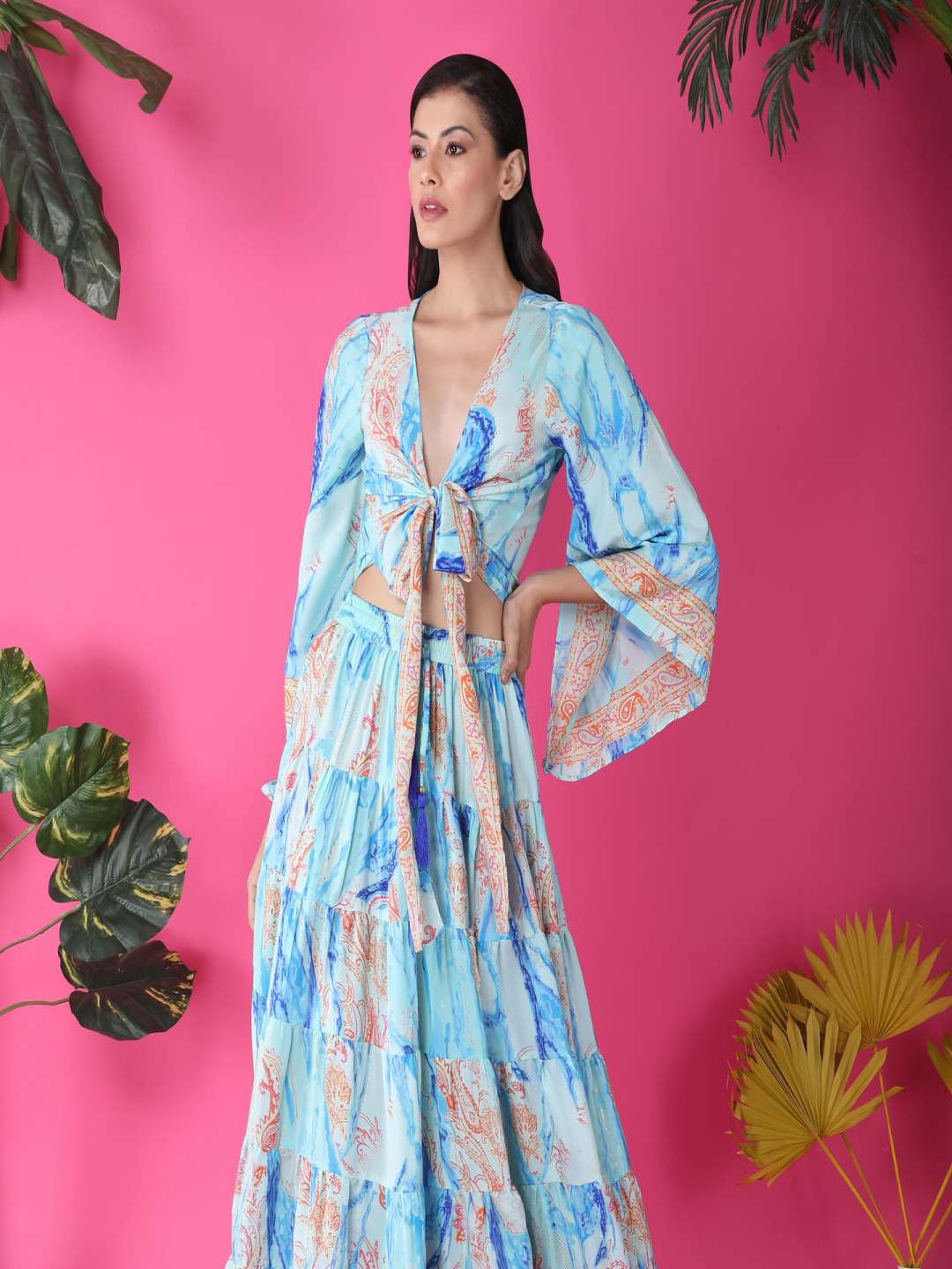 

KWEEN Women Printed Long Sleeve Fit & Flare Maxi Dress, Blue
