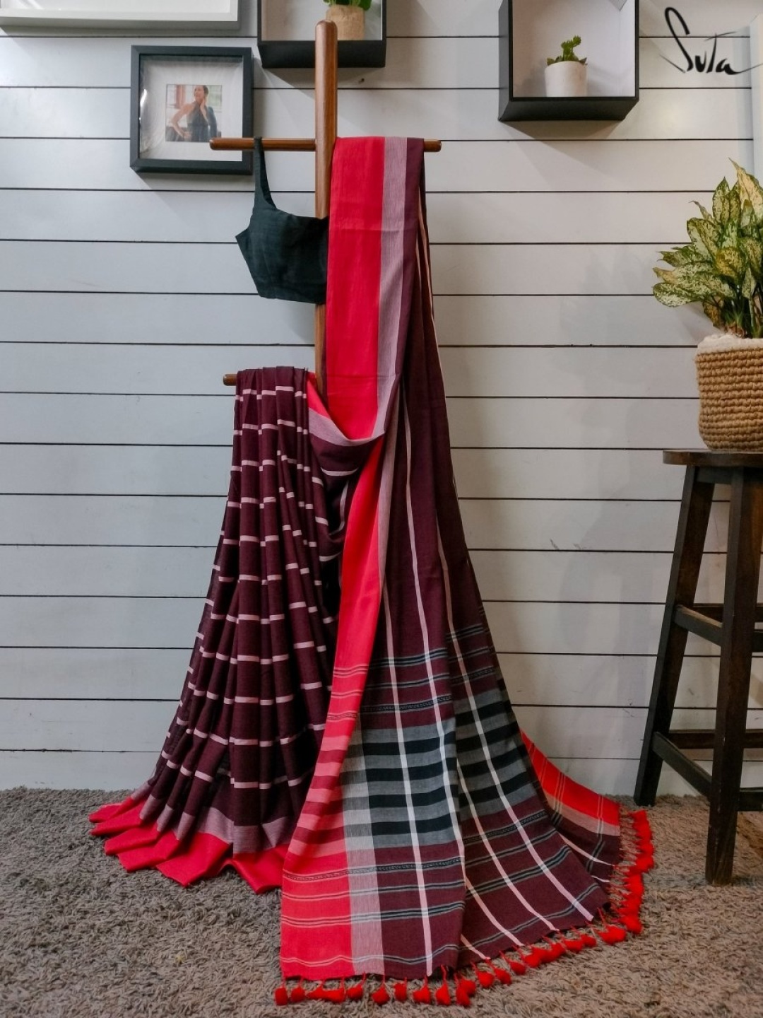 

Suta Striped Pure Cotton Saree, Maroon