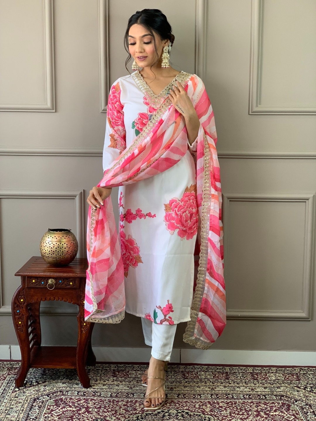

KALINI Floral Printed Gotta Patti V Neck Straight Kurta With Trousers & Dupatta, White