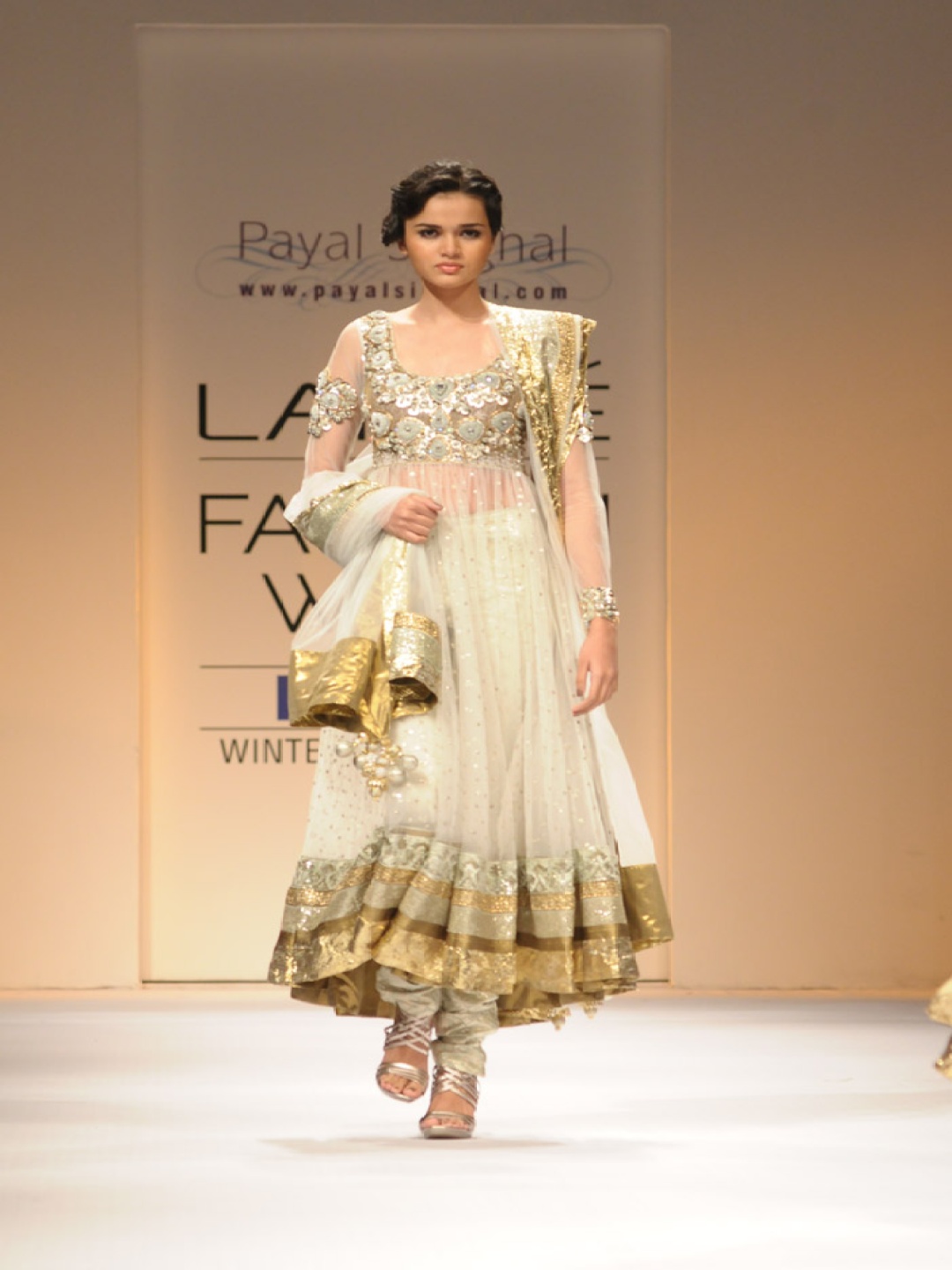 

Payal Singhal Self Design Pleated Beads and Stones Anarkali Kurta & Churidar With Dupatta, Cream