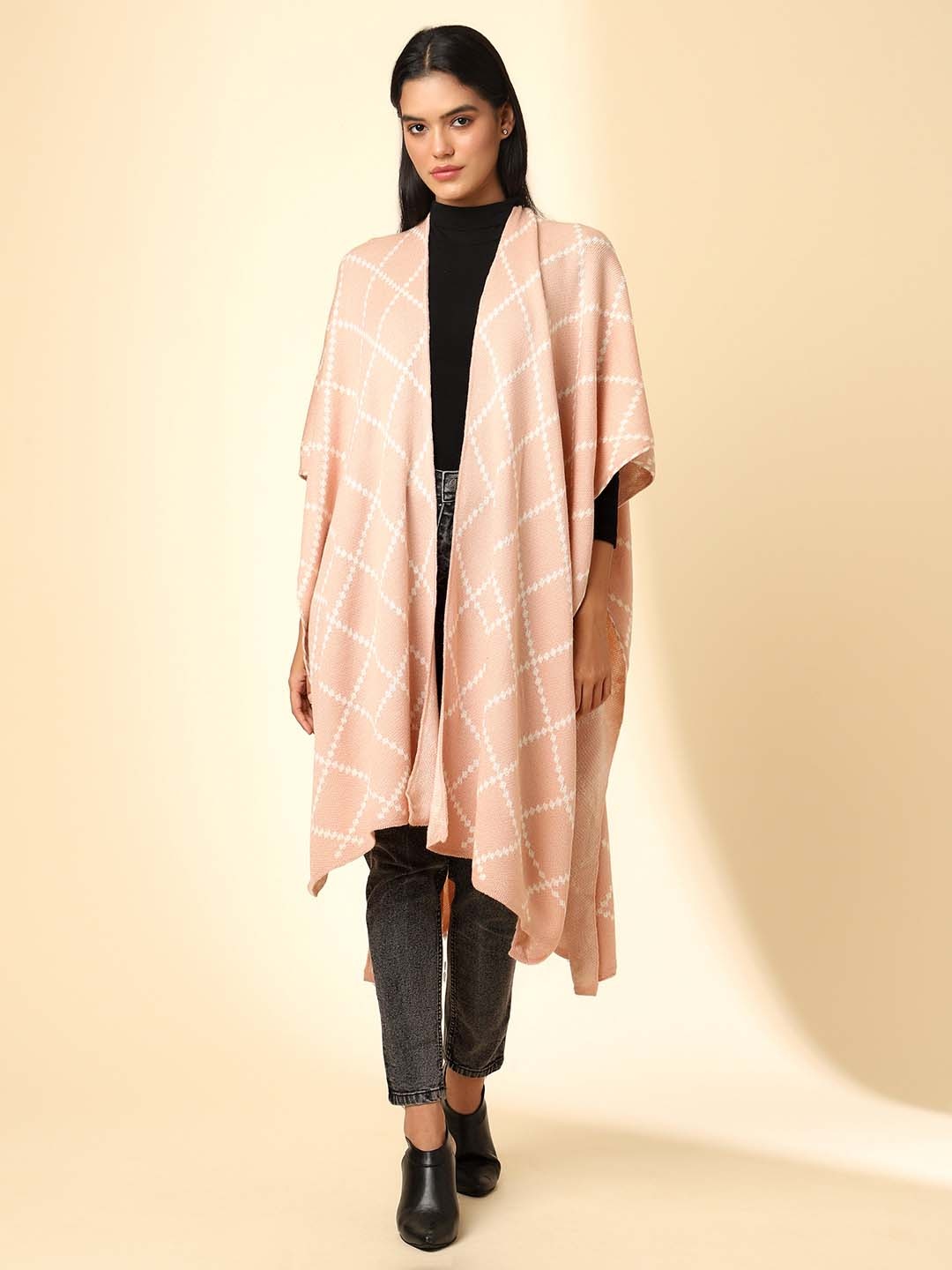 

Zamour Checked Open Front Longline Shrug, Peach