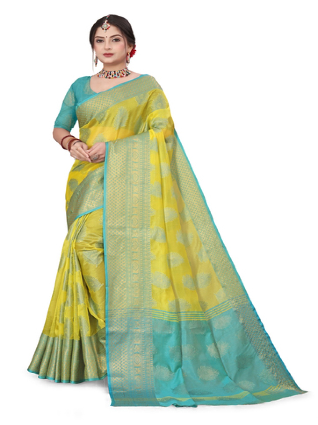 

SUPERLAXMI Woven Design Organza Kanjeevaram Saree, Lime green