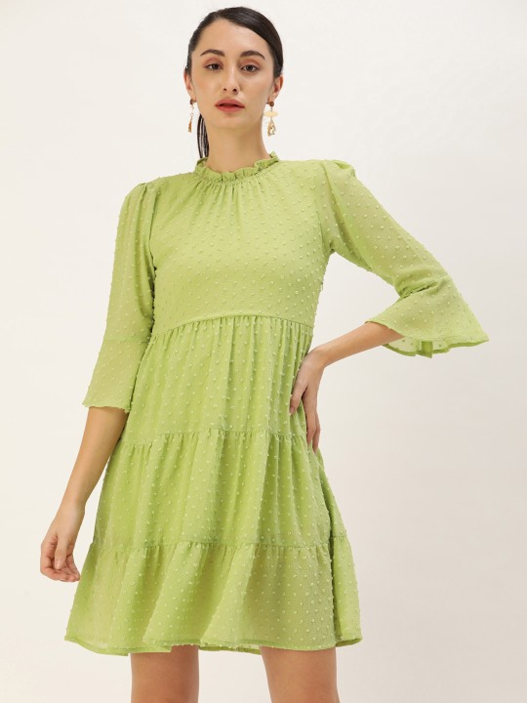 

MELOSO Bell Sleeve Fit & Flare Dress, Lime green