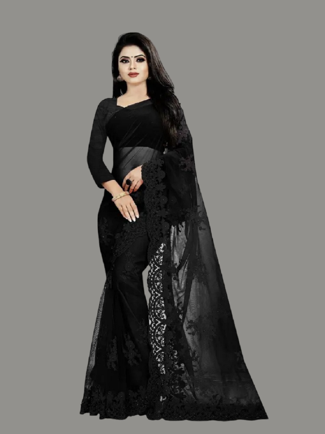 

JULEE Floral Embroidered Net Saree, Black