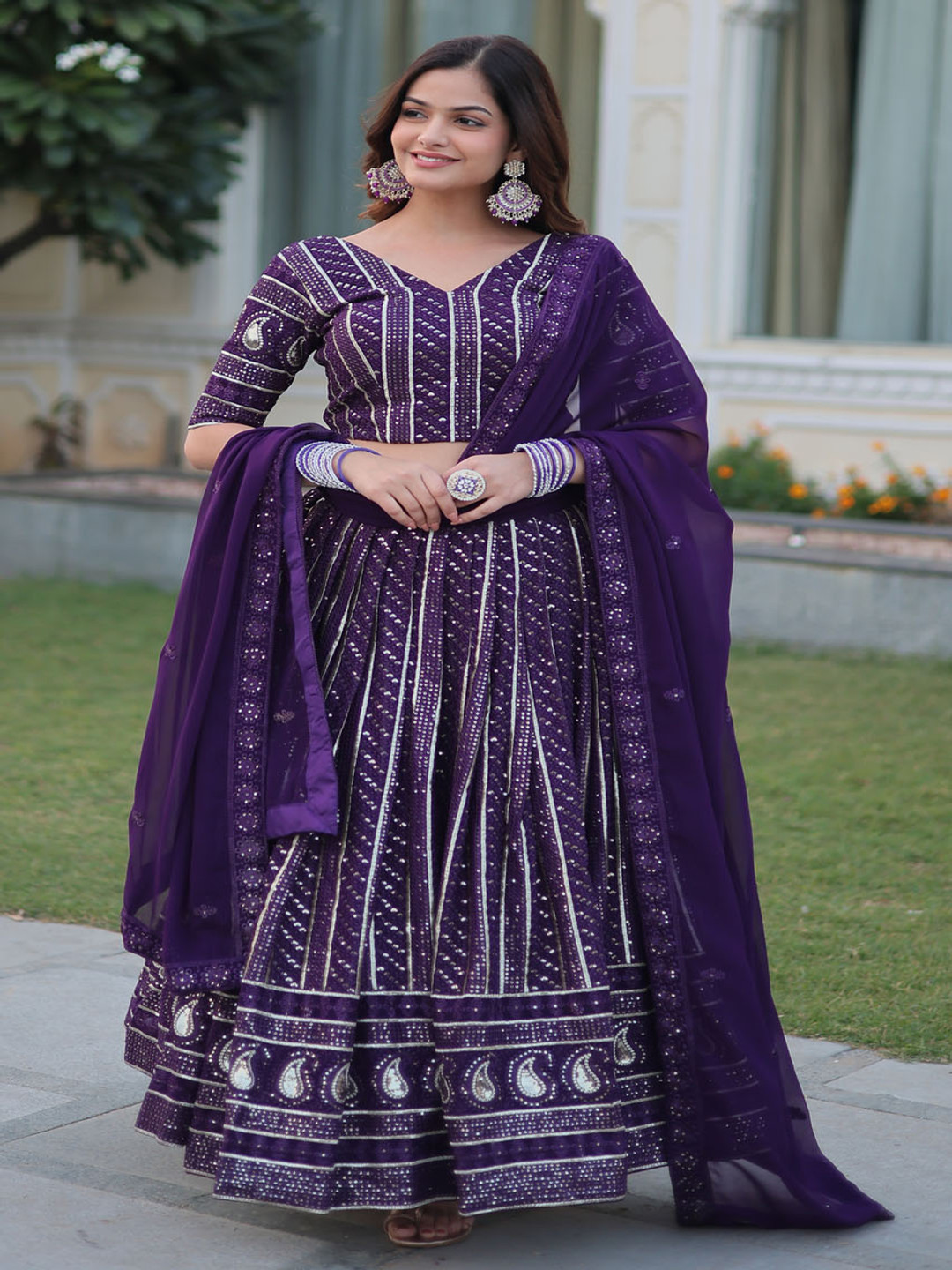 

Anara Embroidered Ready to Wear Lehenga & Unstitched Blouse With Dupatta, Purple