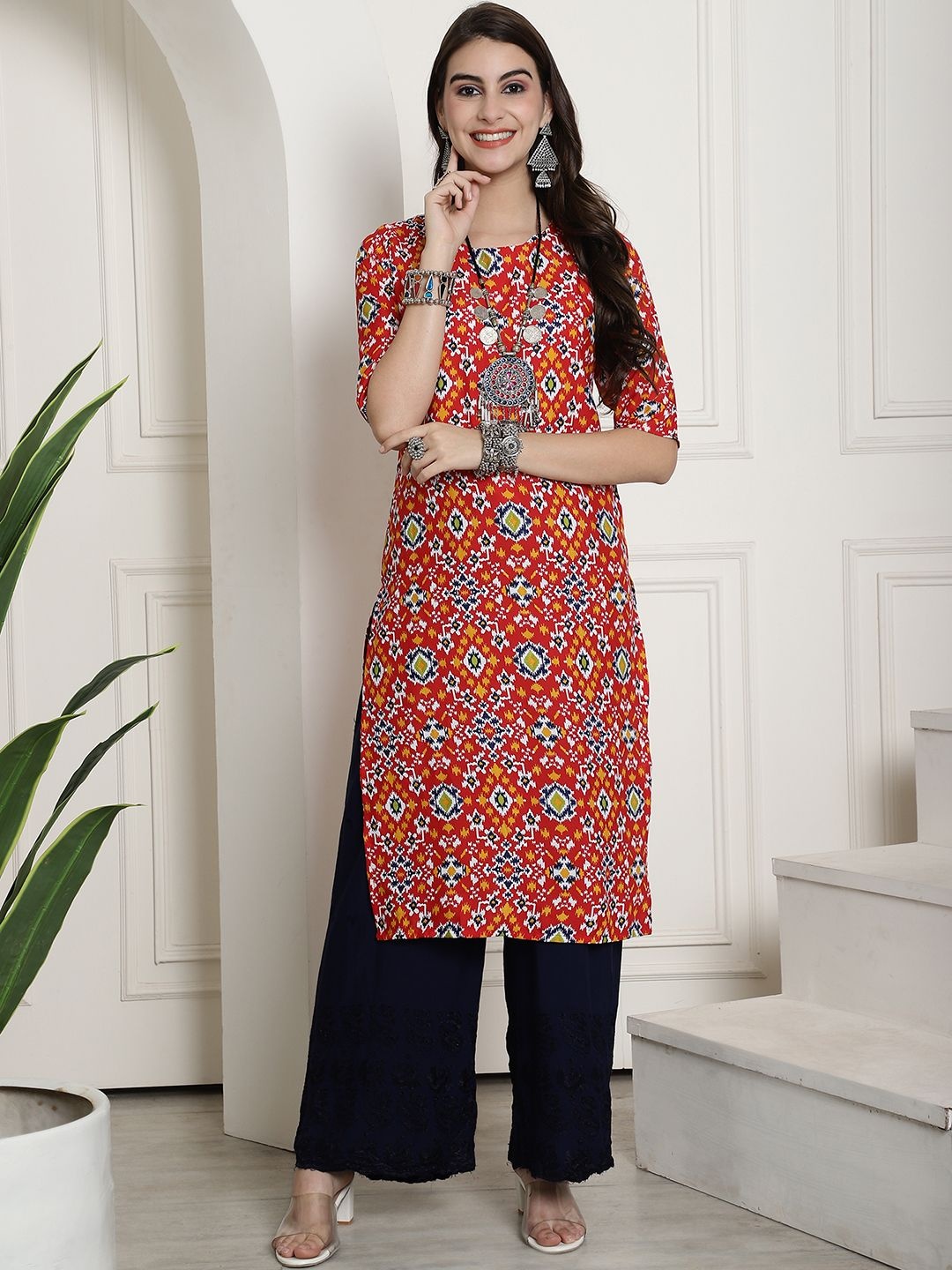

7Threads Selection Of 6 Ethnic Motifs Printed Crepe Straight Kurtas, Red