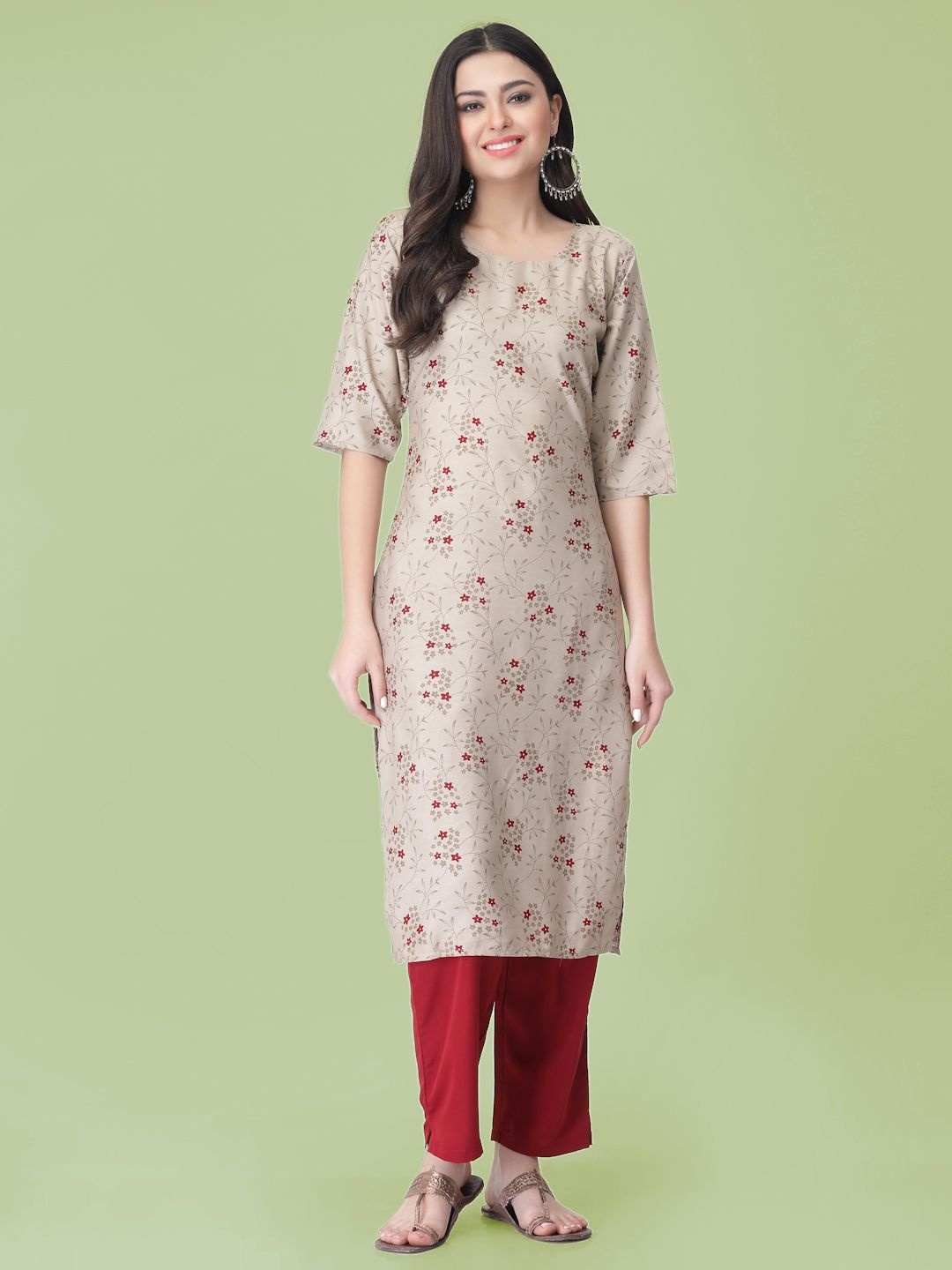 

7Threads Floral Printed Round Neck Straight Kurta With Trousers, Beige