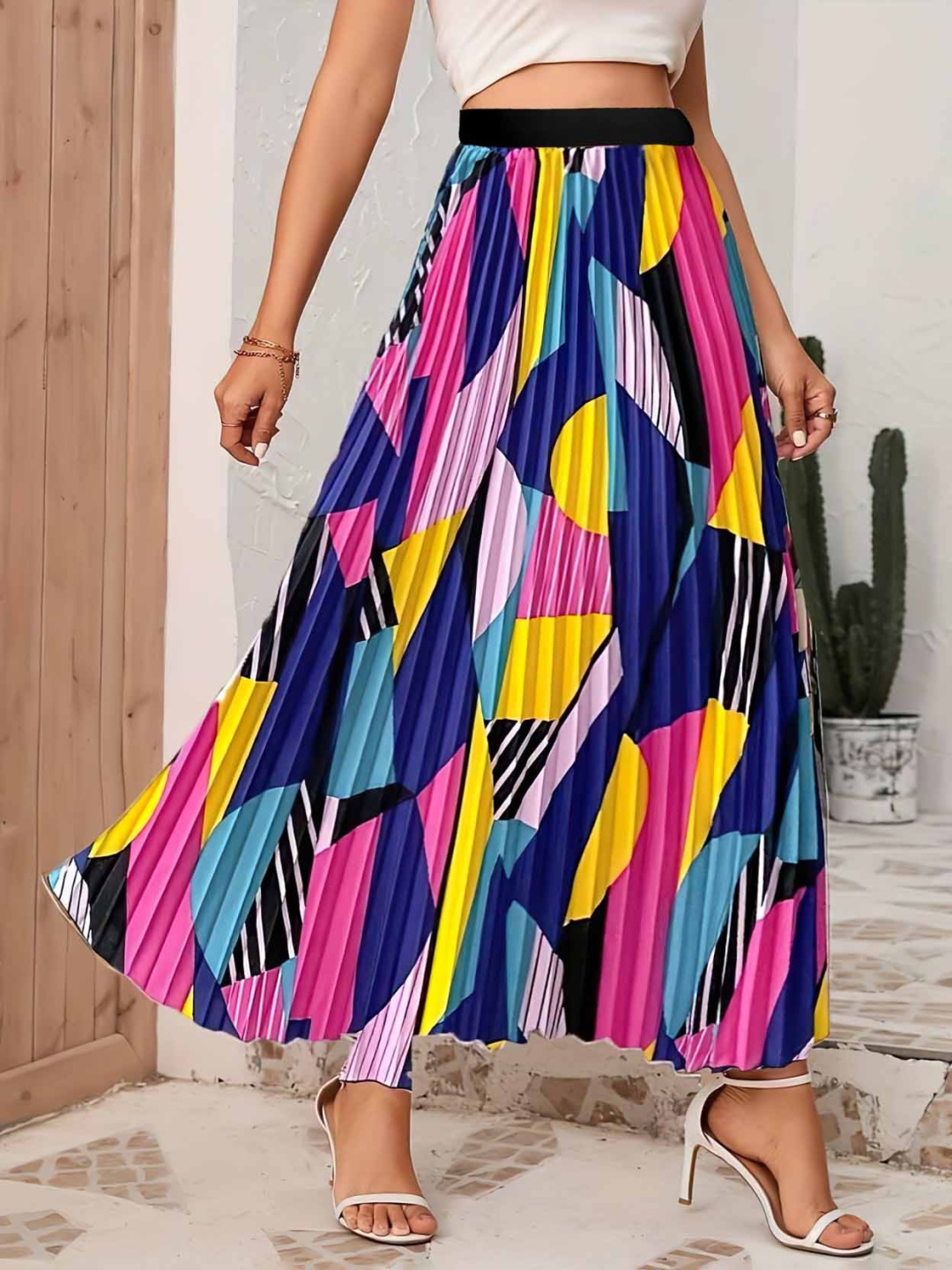 

Femvy Designer Printed Flared Pleated Maxi Skirts for Women, Blue