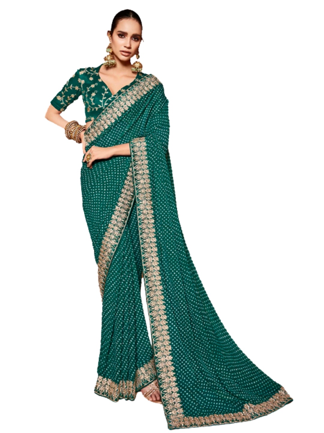 

CHUDIYA Bandhani Embroidered Pure Georgette Saree, Green