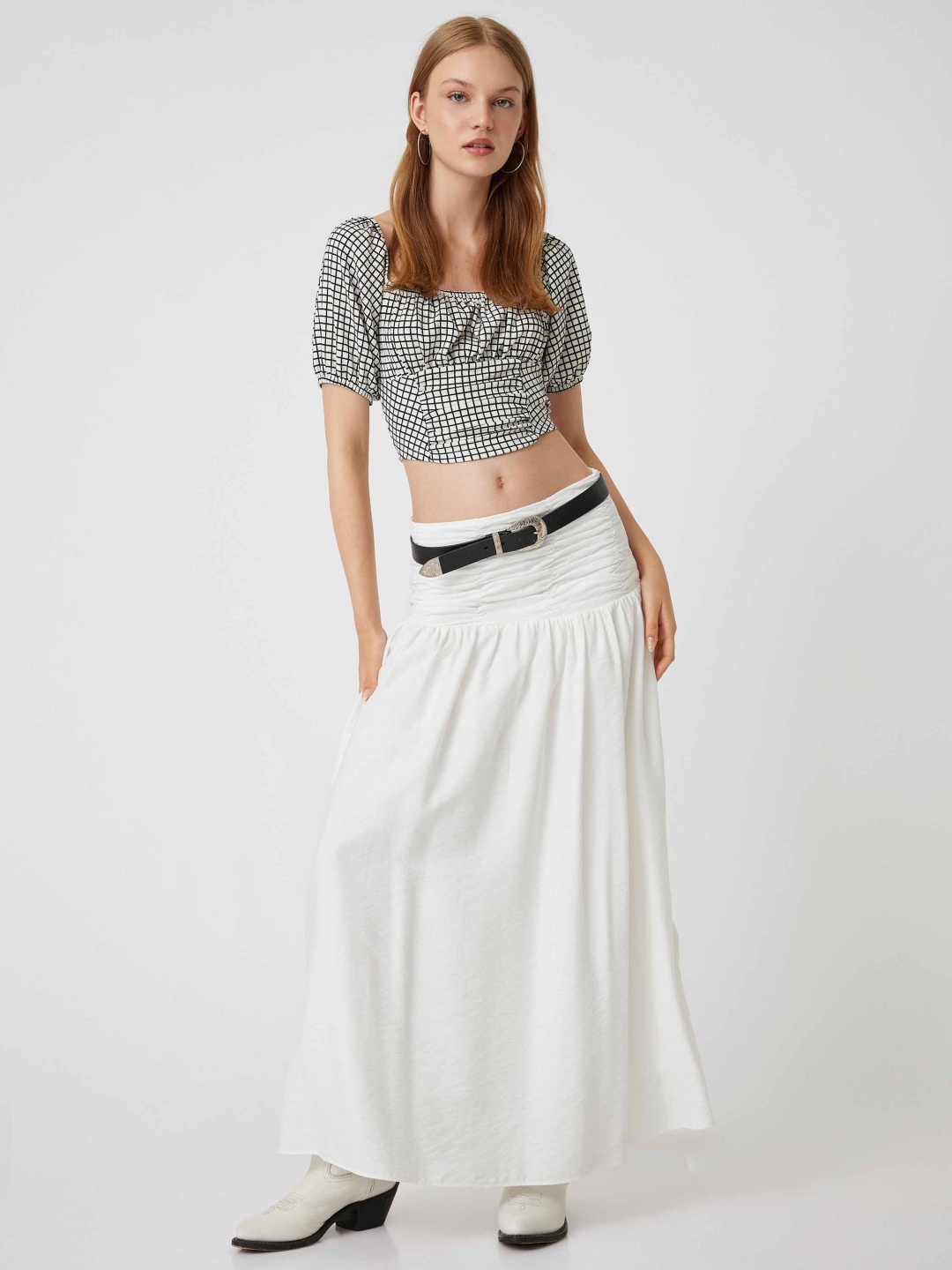 

Koton Checked Puff Sleeve Crop Top, Beige