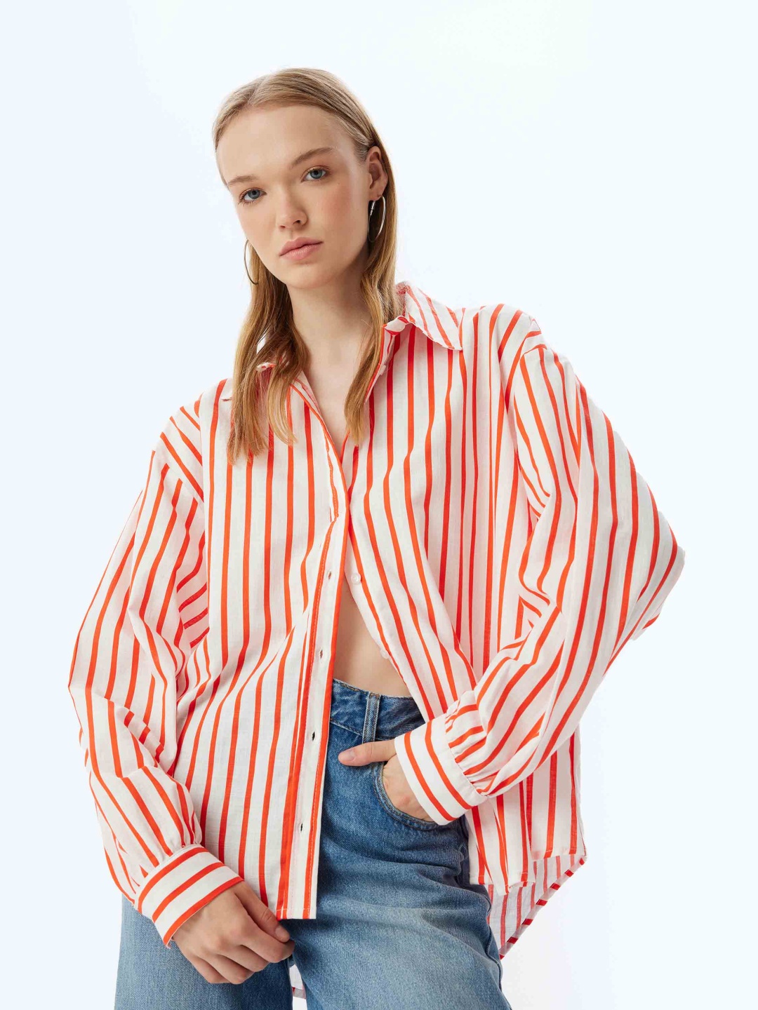 

Koton Women Striped Spread Collar Oversized Pure Cotton Casual Shirt, Red