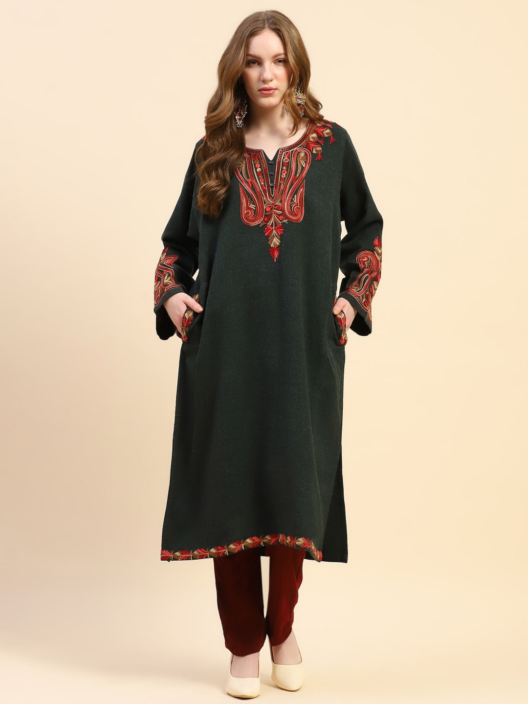 

Me&I Paisley Embroidered Round Neck Flared Sleeves Pakistani Style Kurta, Olive