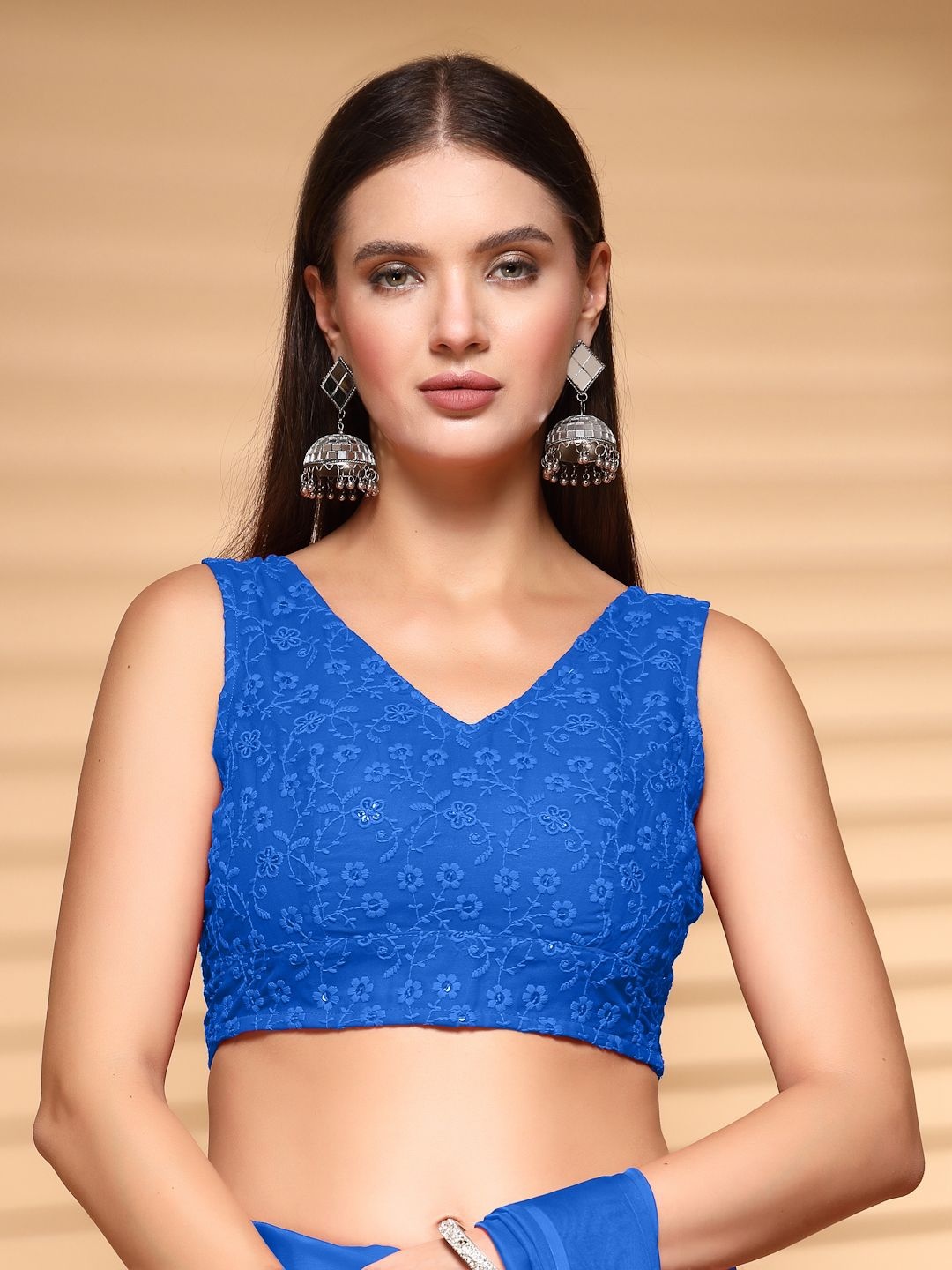 

Oomph! Non Padded Sequinned V Neck Saree Blouse, Blue