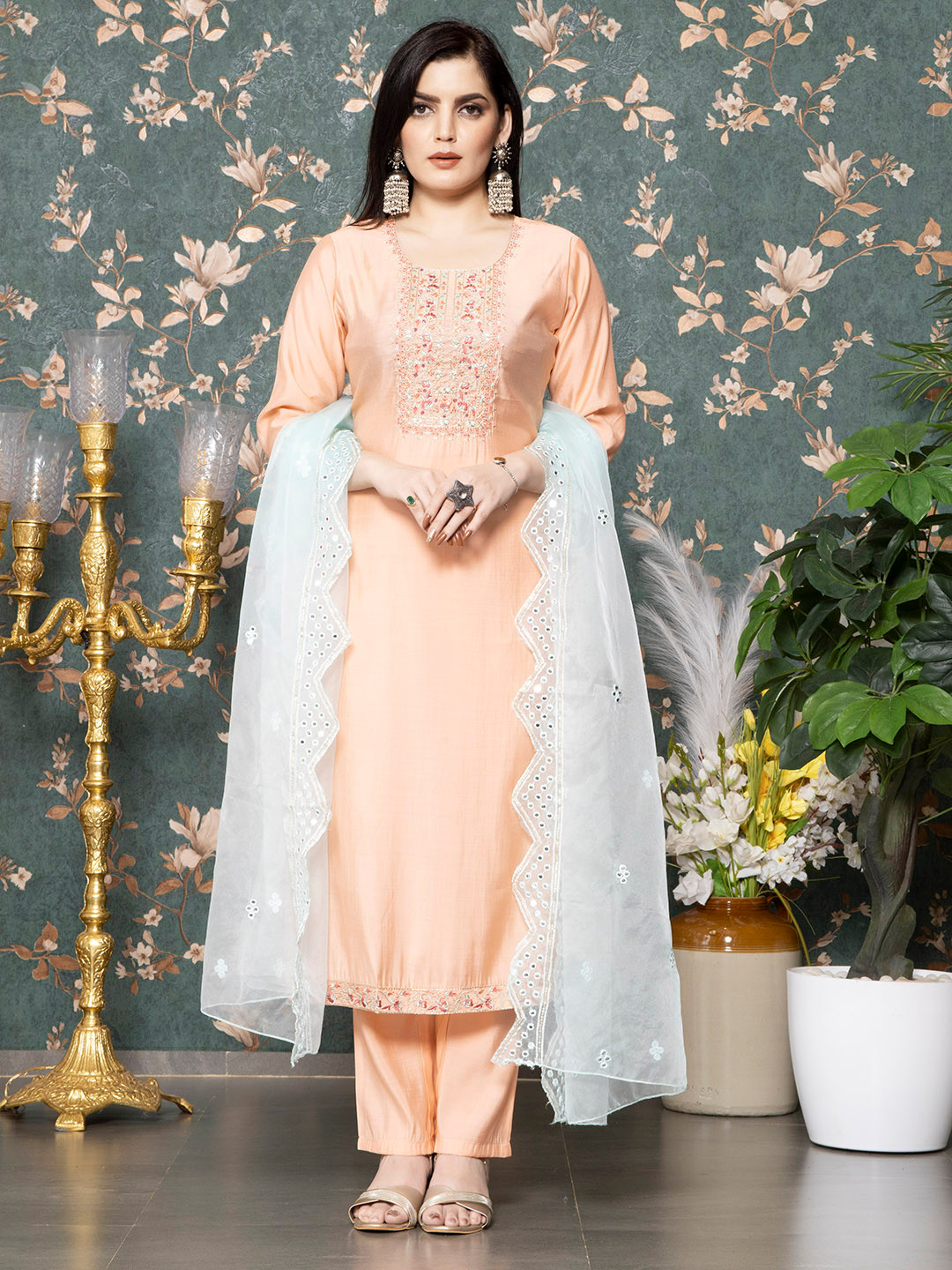 

Krimmple Floral Embroidered Round Neck Chanderi Silk Straight Kurta With Trouser & Dupatta, Peach
