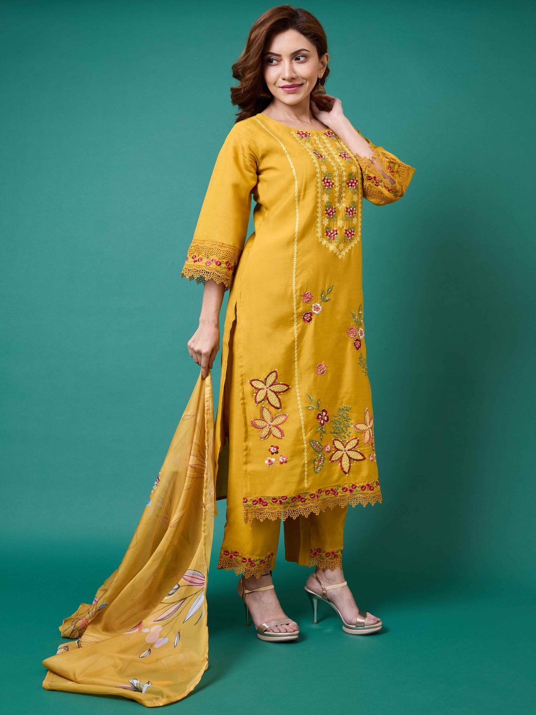 

Peachmode Floral Embroidered Thread Work Chanderi Silk Kurta With Trouser And Dupatta, Mustard