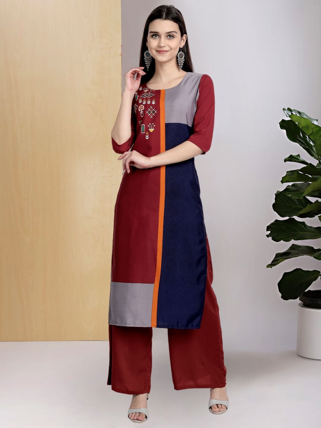 

7Threads Ethnic Motifs Printed Round Neck Straight Kurta, Maroon
