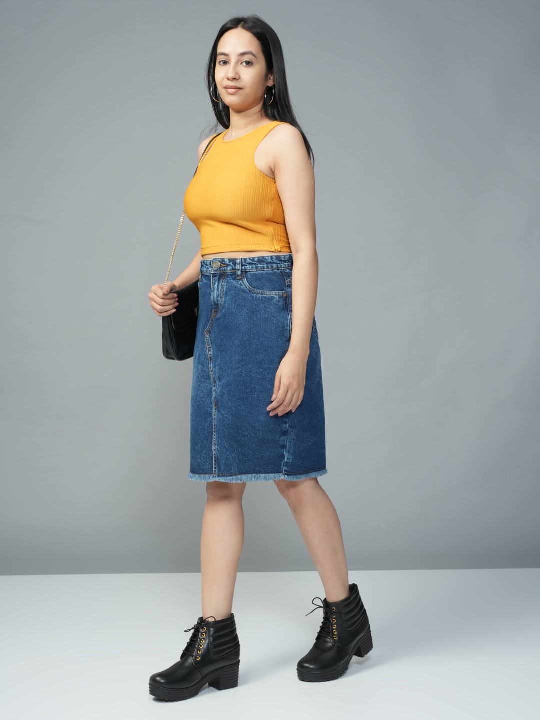 

URBAN POCHE High Rise Straight Knee Length Skirts, Blue