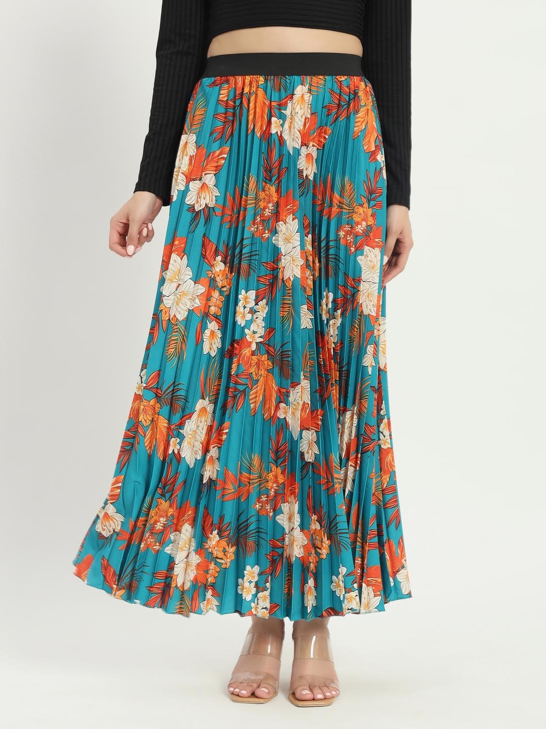 

ZWERLON Floral Printed A-Line Maxi Skirt, Teal