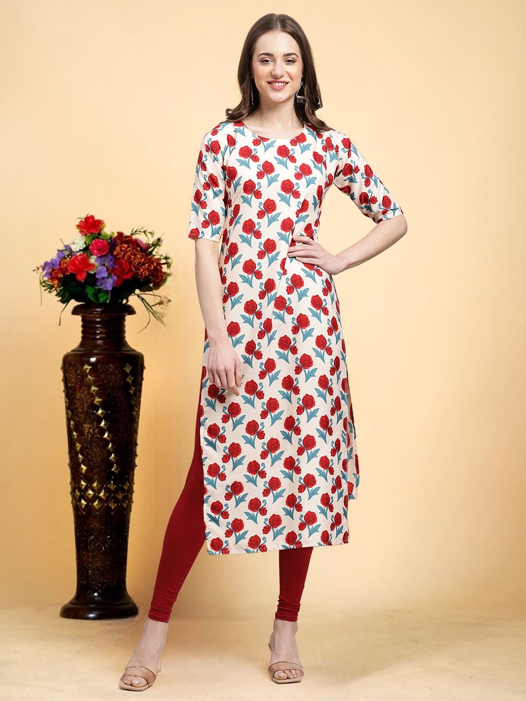 

7Threads Floral Printed Round Neck Straight Kurta, Red