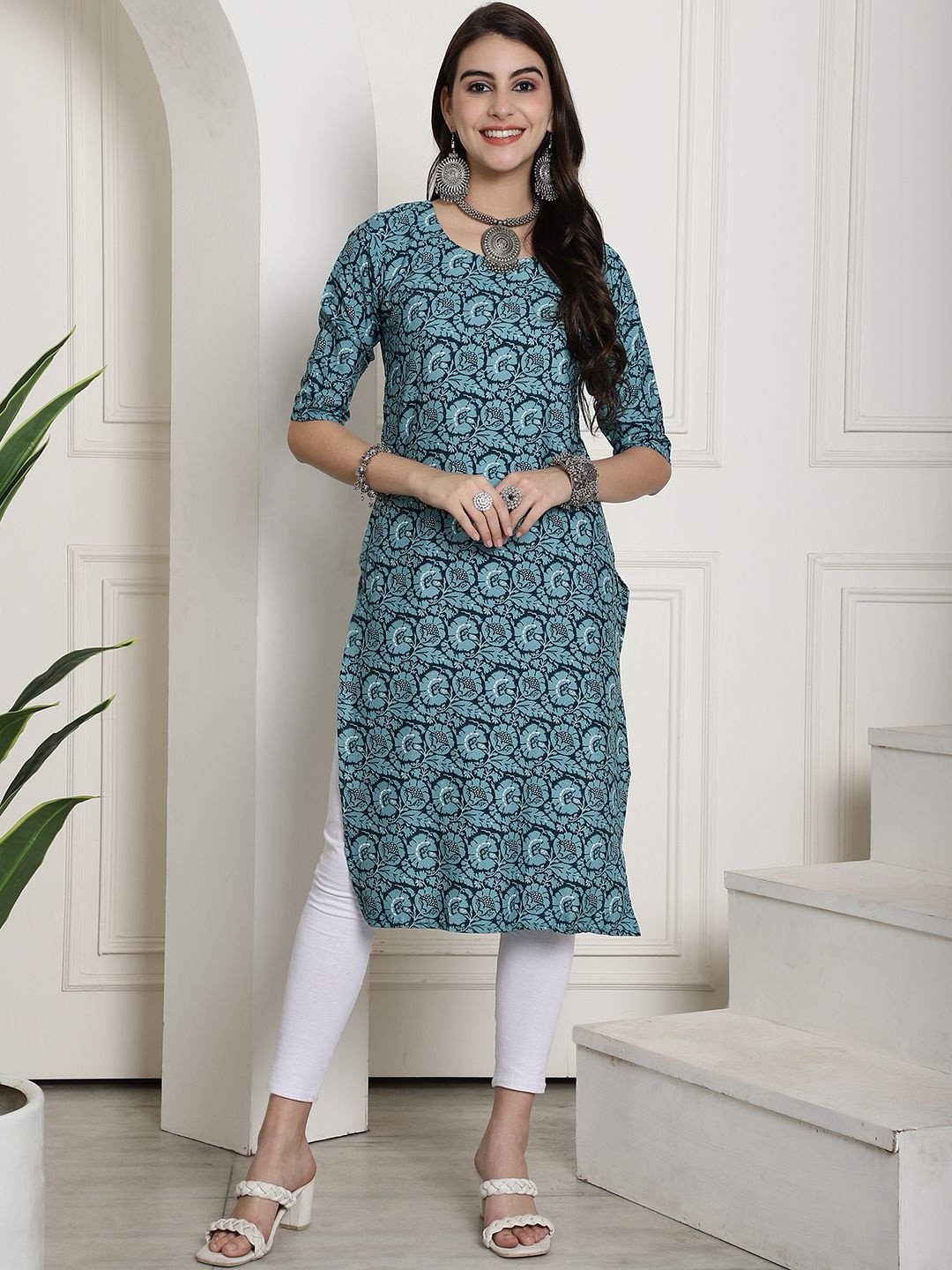 

7Threads Selection Of 6 Ethnic Motifs Printed Crepe Straight Kurtas, Blue