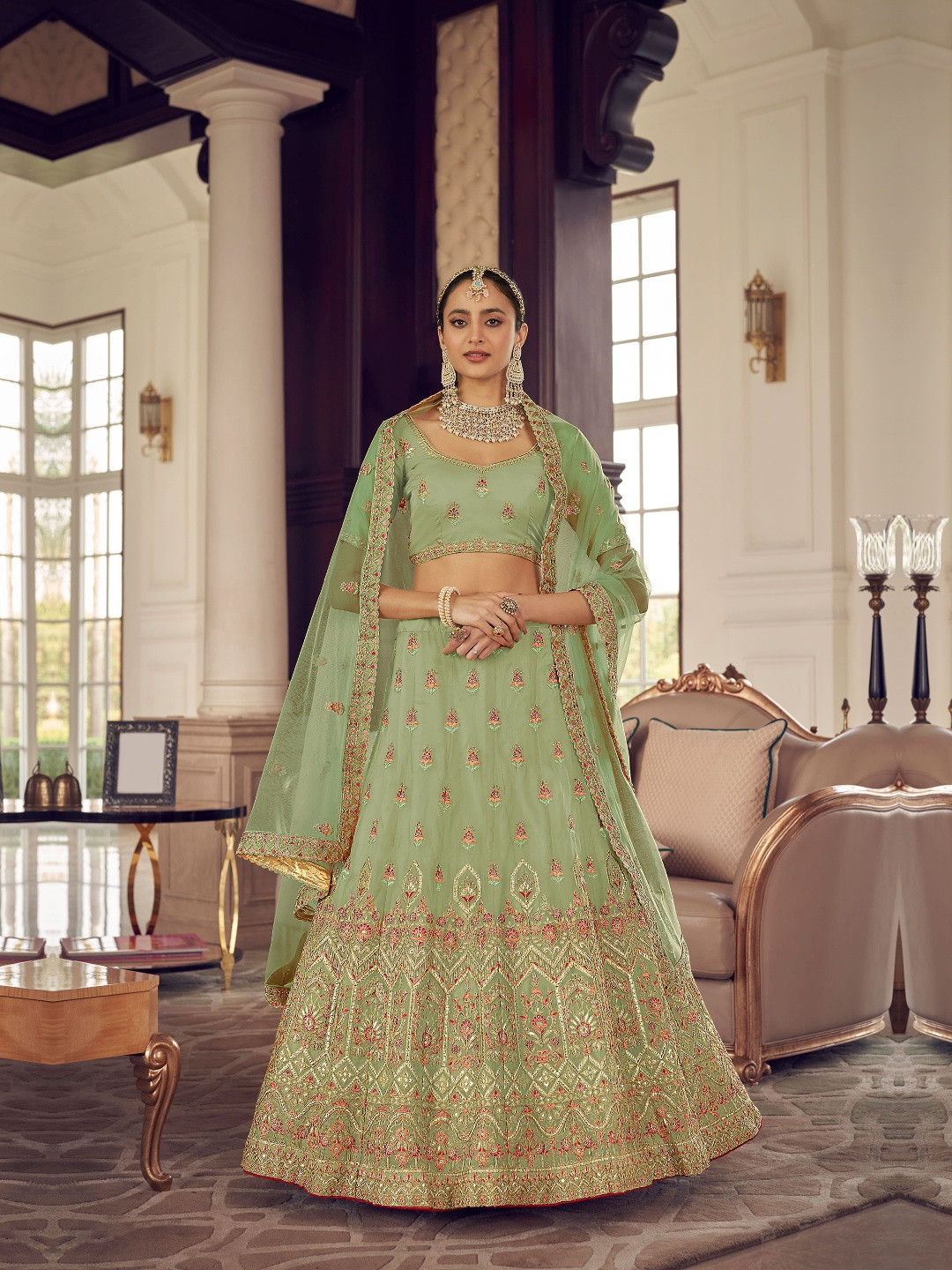 

Fusionic Embroidered Semi-Stitched Lehenga & Unstitched Blouse With Dupatta, Green