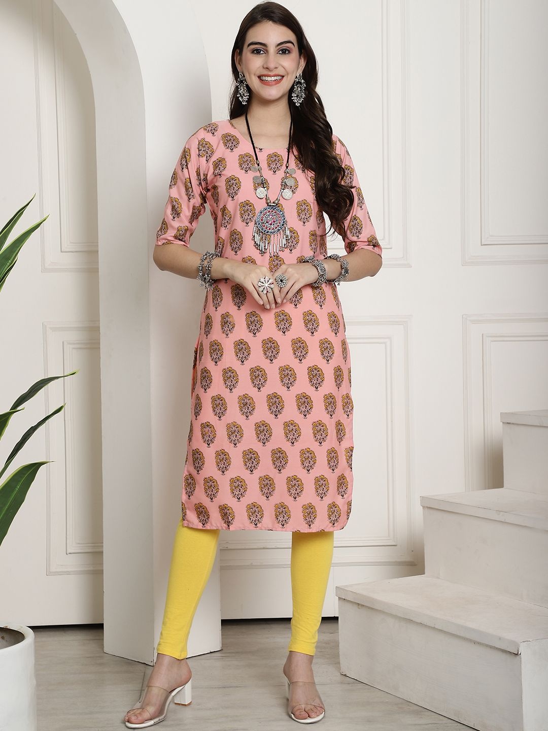 

7Threads Selection Of 6 Ethnic Motifs Printed Round Neck Straight Kurta, Orange