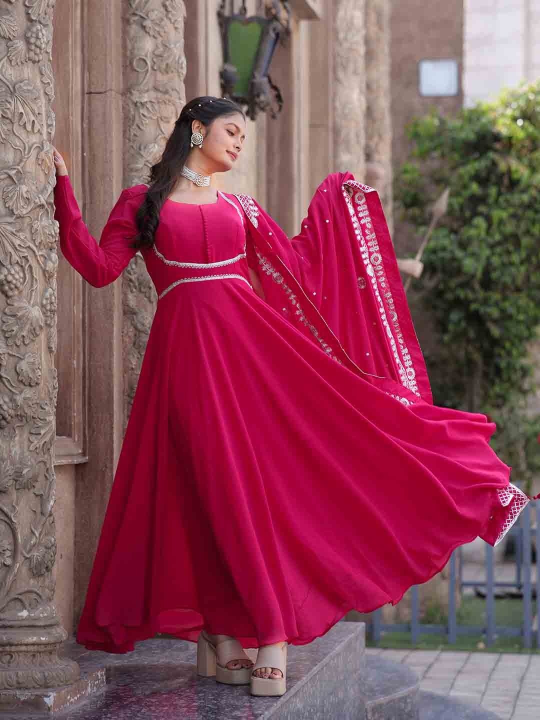 

Tanhai Floral Embroidered Anarkali Ethnic Dress With Dupatta, Pink