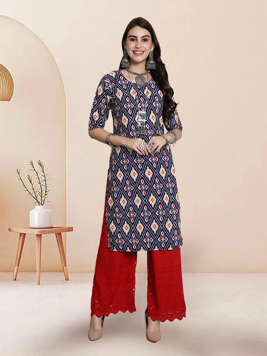 

7Threads Ethnic Motifs Printed Round Neck Straight Kurta, Navy blue