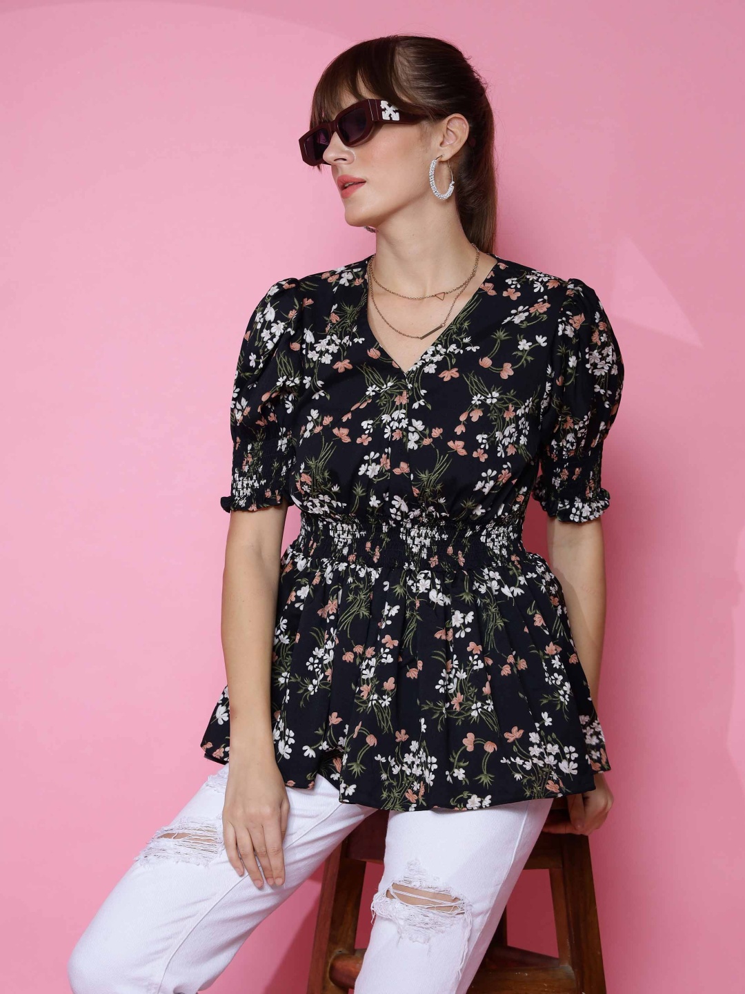 

SHEETAL Associates Floral Print Puff Sleeve Crepe Top, Black