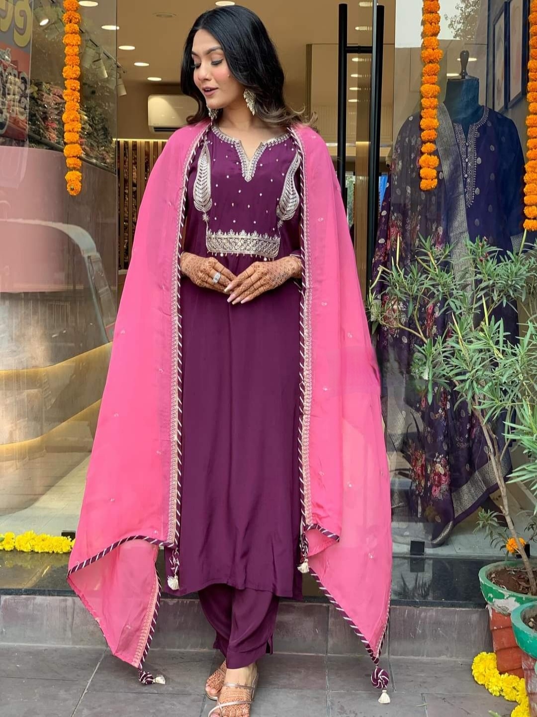 

THE52 Paisley Embroidered Round Neck Regular Pure Silk Kurta With Trouser With Dupatta, Purple