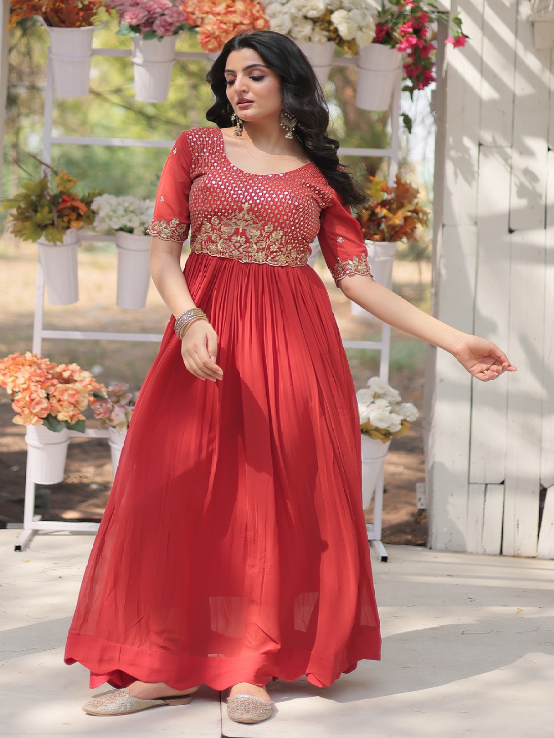 

KALINI Embroidered Fit and Flare Ethnic Dresses, Red