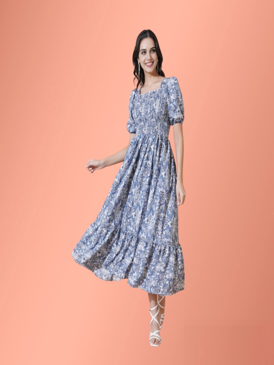 

Krunal Raiyani Women Floral Print Fit & Flare Midi Dress, Blue