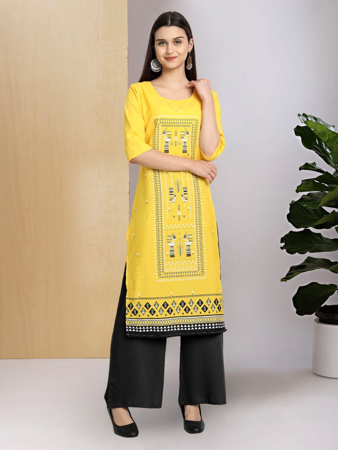 

7Threads Geometric Printed Round Neck Machine Weave Straight Kurta, Yellow