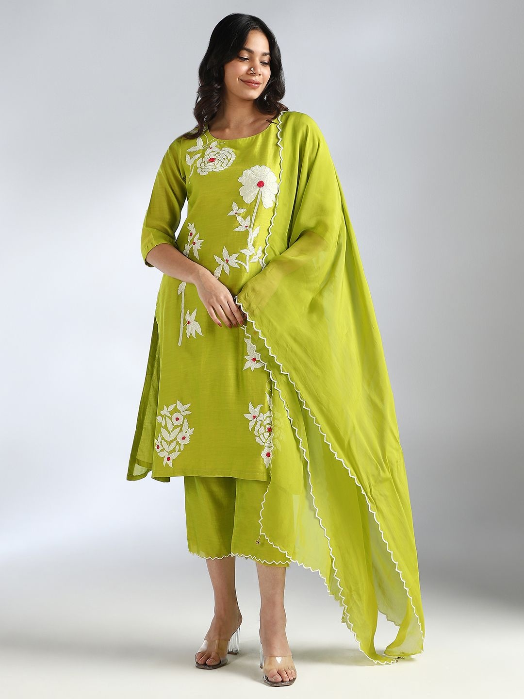 

House Of Dharaa Floral Embroidered Kurta with Trousers And Dupatta, Lime green