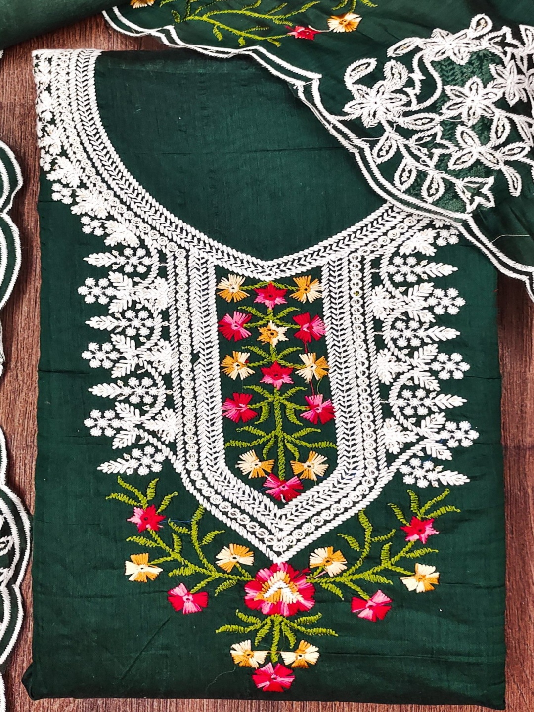 

LeeliPeeri Designer Floral Embroidered Zari Unstitched Dress Material, Green
