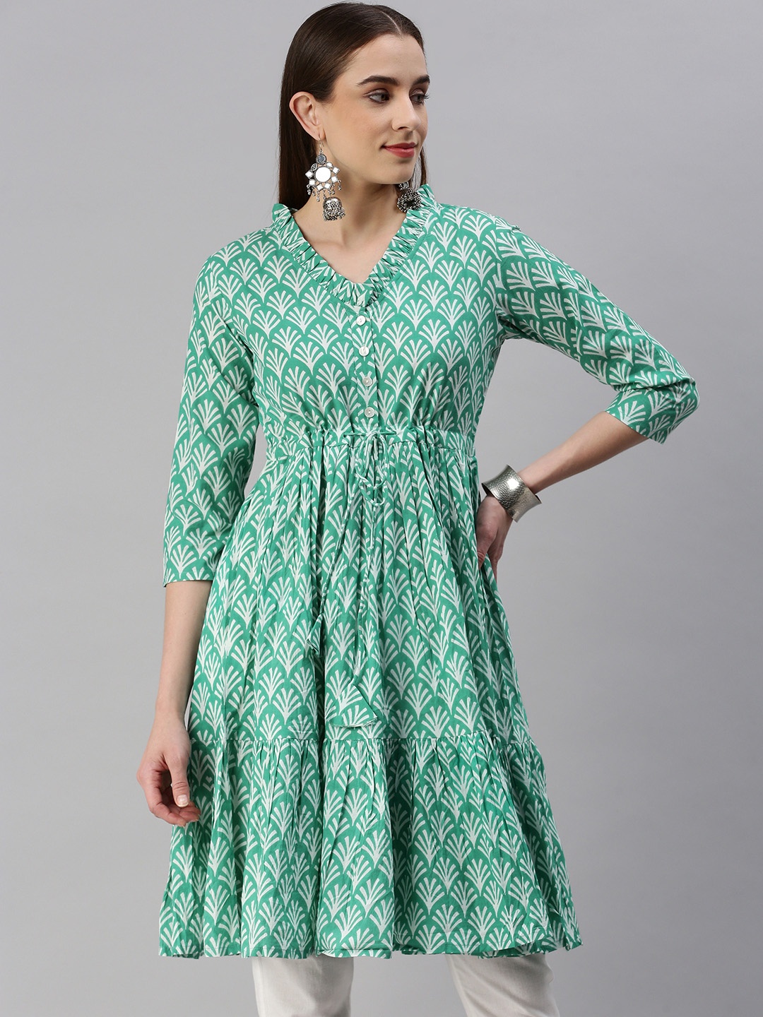 

CHIRAAI Women Ethnic Motifs A-Line Dress, Green